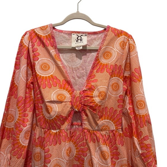 Figue Long Sleeve Cutout Cotton Midi Dress Floral Boho Resort Pink Orange Sz S - Picture 3 of 15